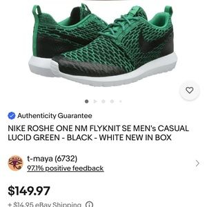 Men’s size 11 Nike Roshe One NM, green colorway. Slightly used